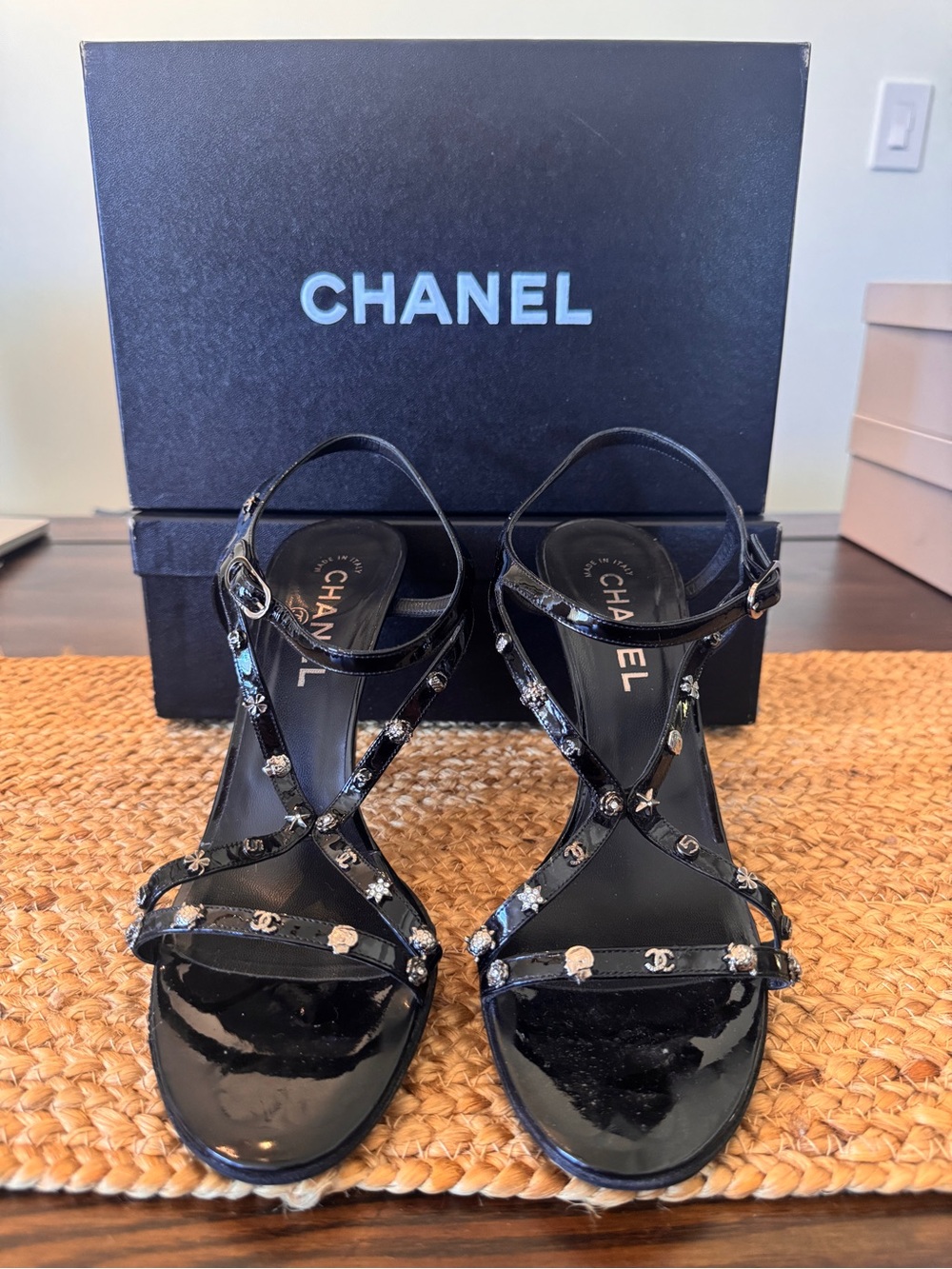 CHANEL Black Patent Leather Crystal-Embellished Strappy Sandals (RARE FIND)